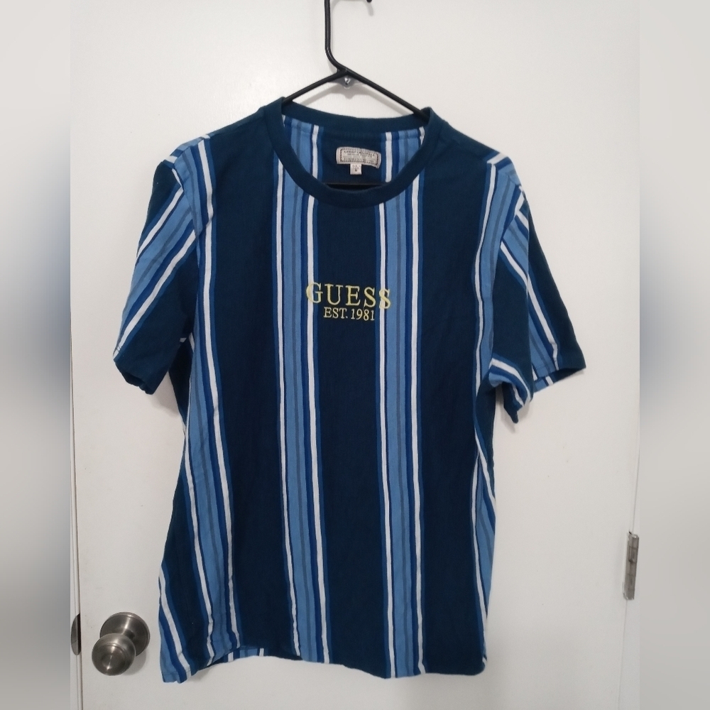 Guess Originals Blue white Striped Short Sleeve TShirt w Embroidered Logo M